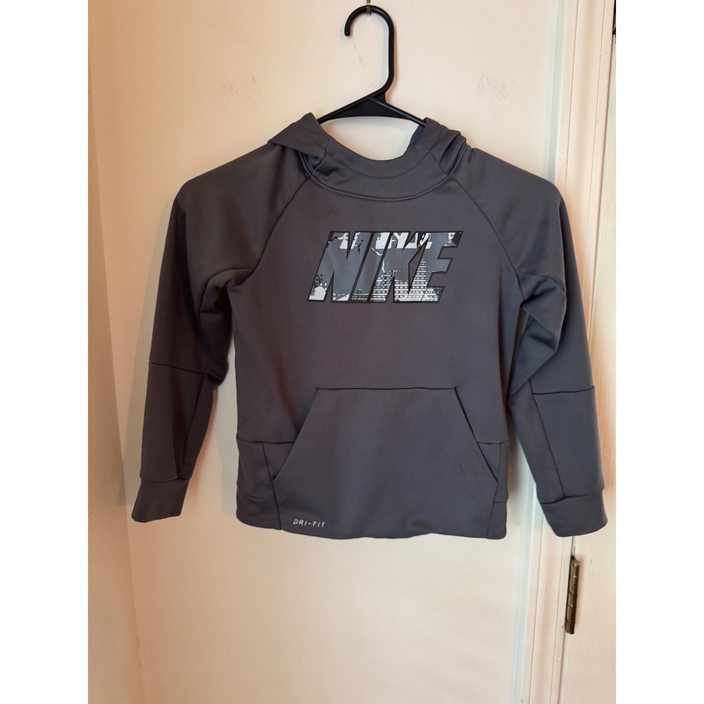 Nike Boys Dri-FIT Hoodie Gray Graphic Logo Pullover Sweatshirt Size 6 M 5-6Y